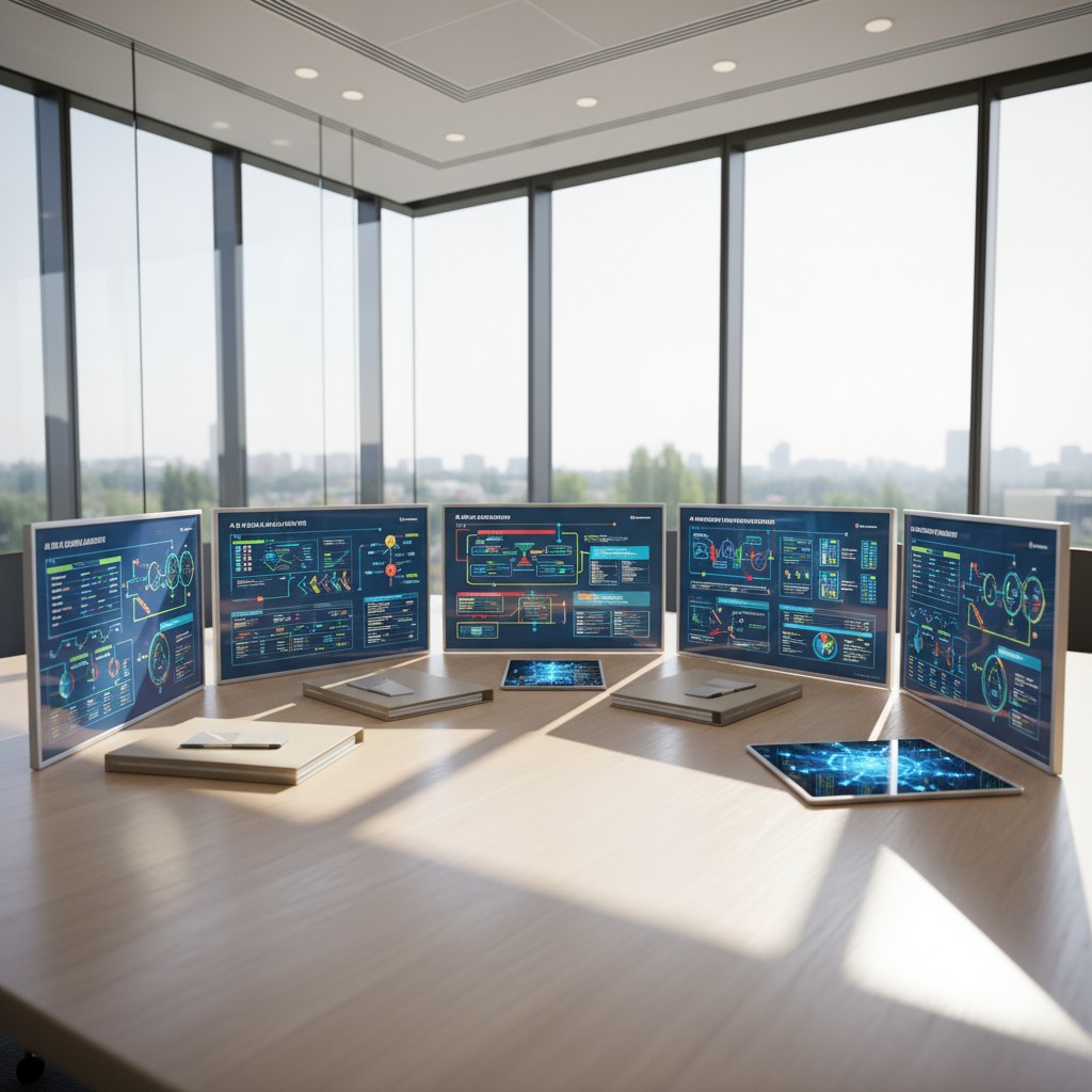"Modern office meeting room with large view windows of city skyline and computers displaying business dashboard diagrams f...
