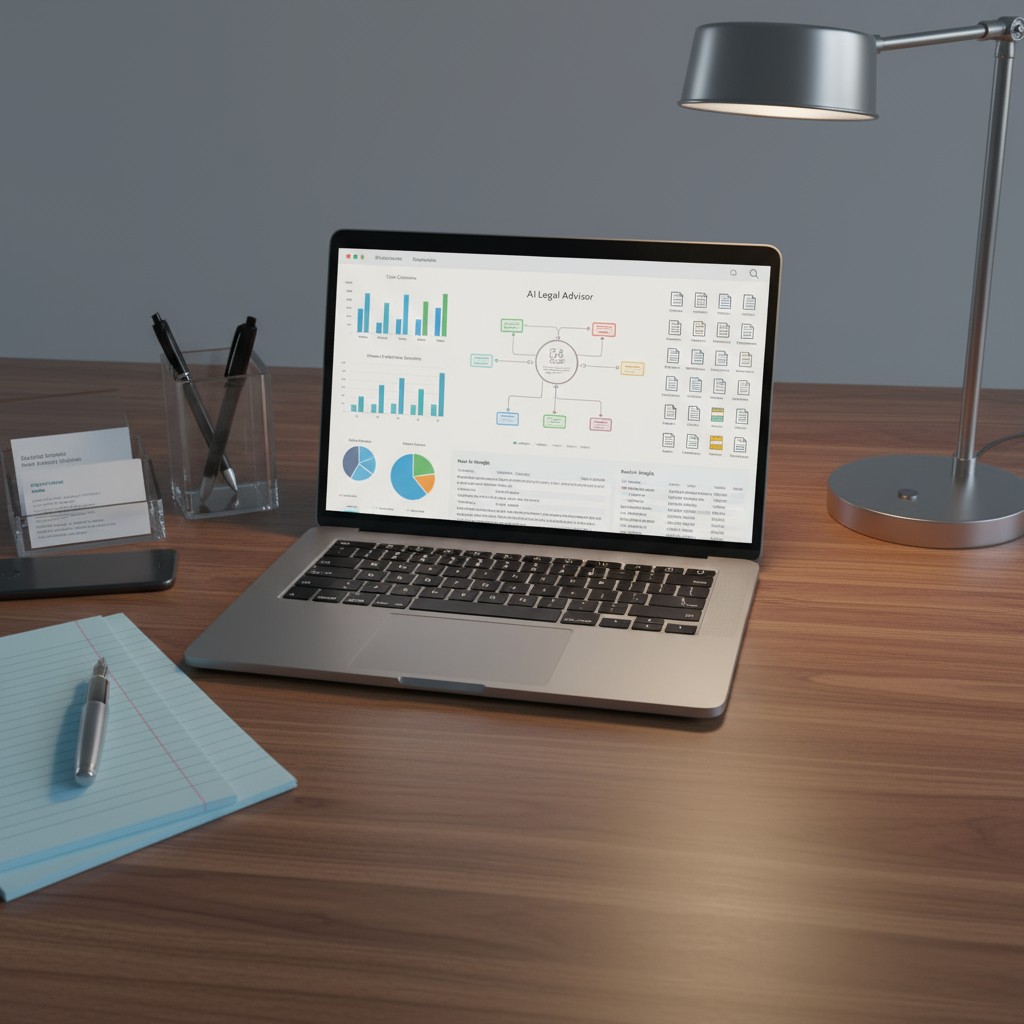 The laptop screen displays 'AI Legal Adviser', suggesting an AI integration in the legal industry.
