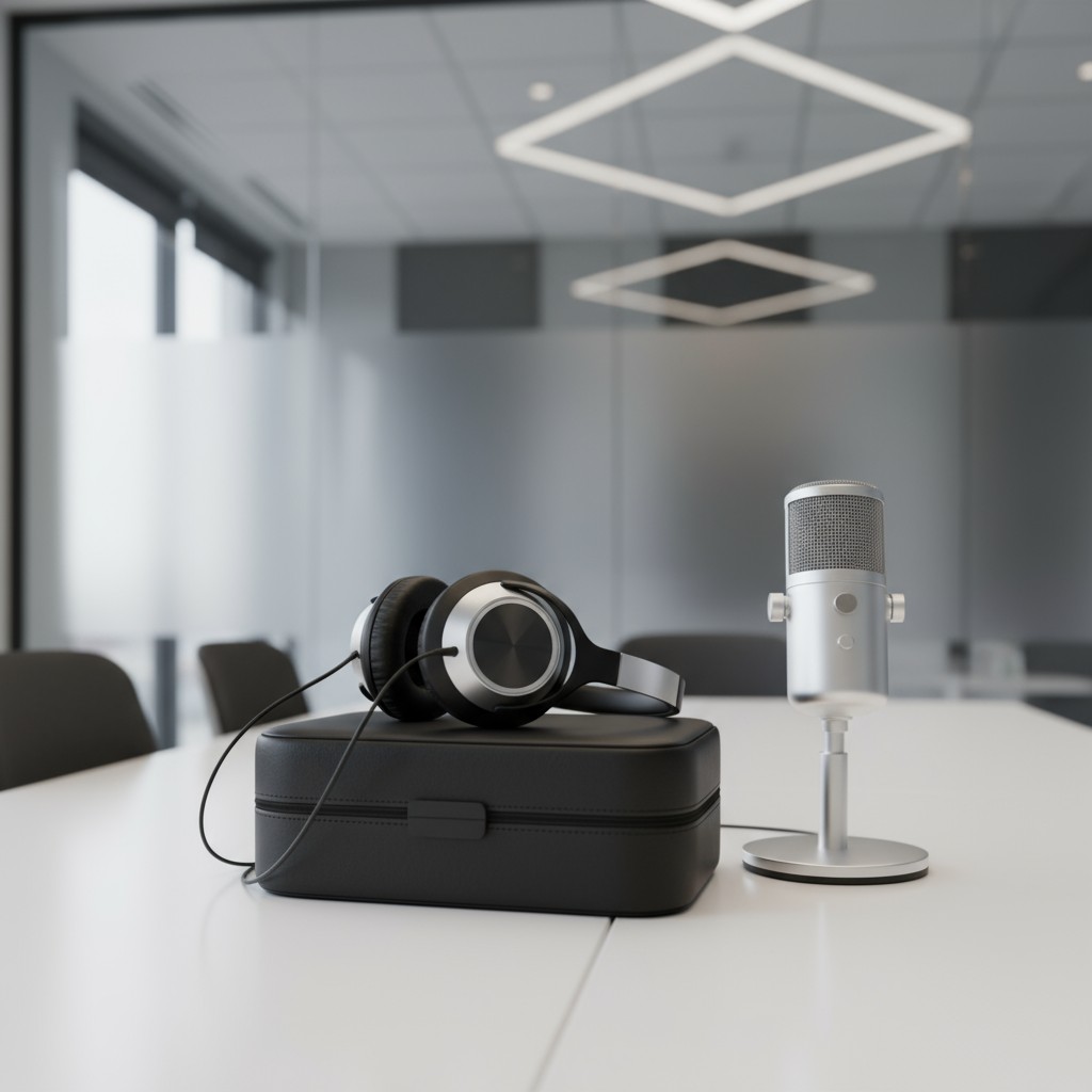 A sound recording setup rests on a white table, consisting of the letters S, M, A, and R. The letters sit on a white desk ...